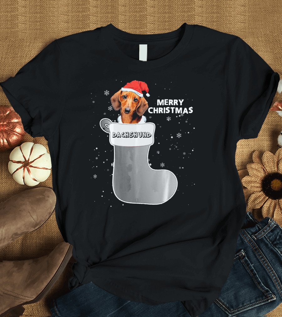 Dachshund Merry Christmas Sock Santa Hat T-Shirt