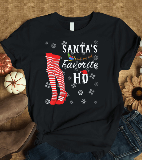 T-Shirt: Santa's Favorite Ho Red Striped Stockings Snowflakes Sleigh T-Shirt Santa's Favorite Ho Red Striped Stockings Snowflakes Sleigh T-Shirt