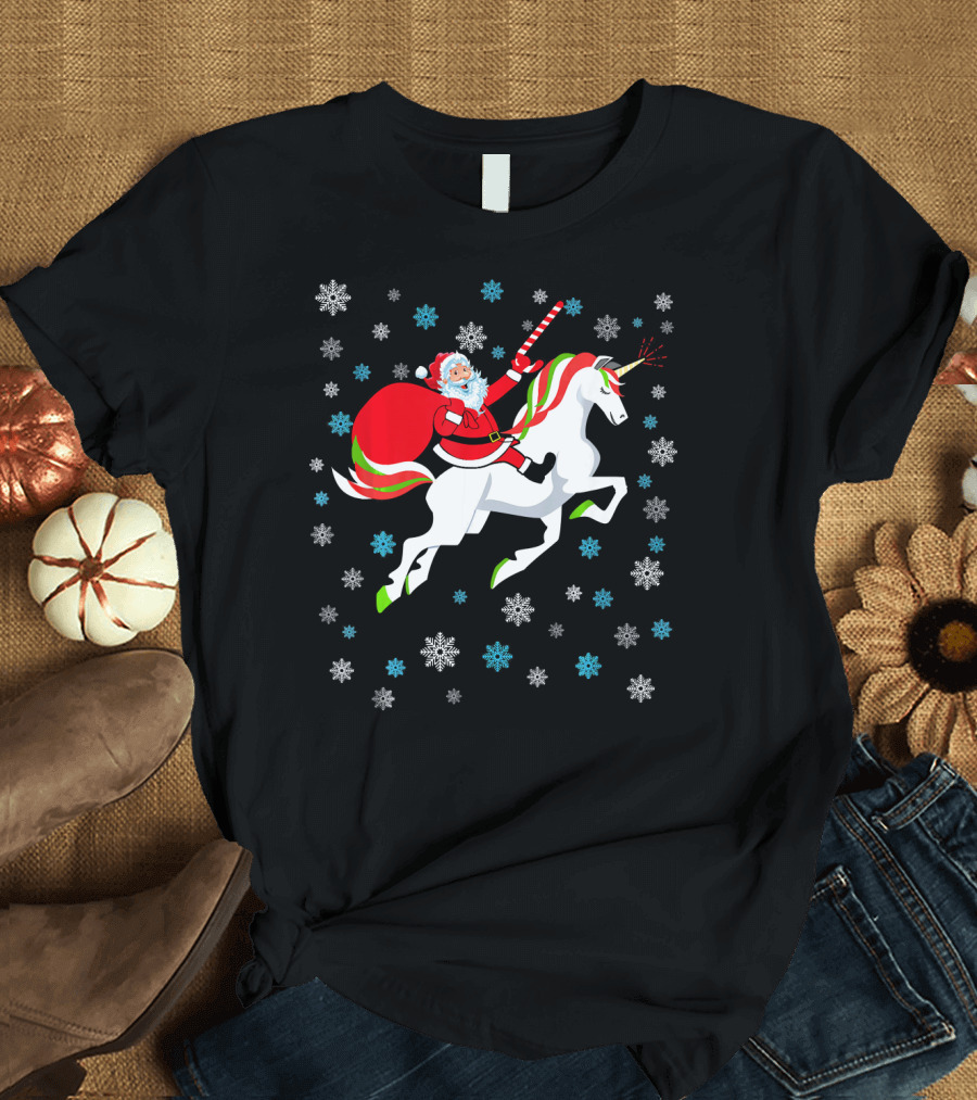Christmas Unicorn Santa Riding Through Snowflakes T-Shirt