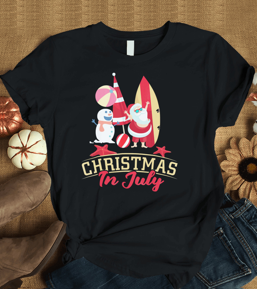 Christmas in July Santa Surfing Snowman Beach Ball T-Shirt