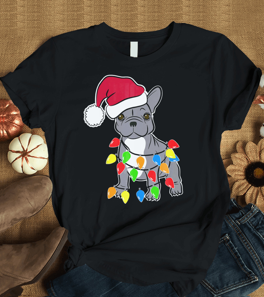 Santa French Bulldog with Christmas Lights T-Shirt