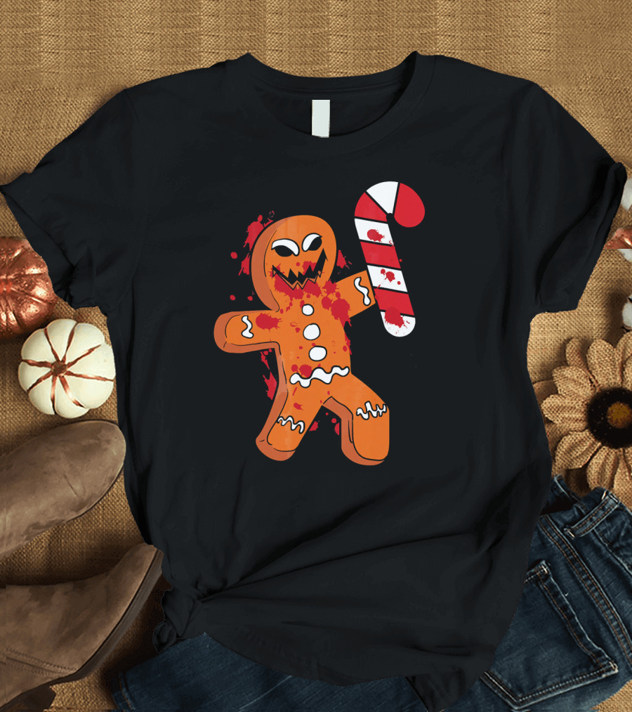 Christmas Horror Scary Gingerbread With Bloody Candy Cane T-Shirt