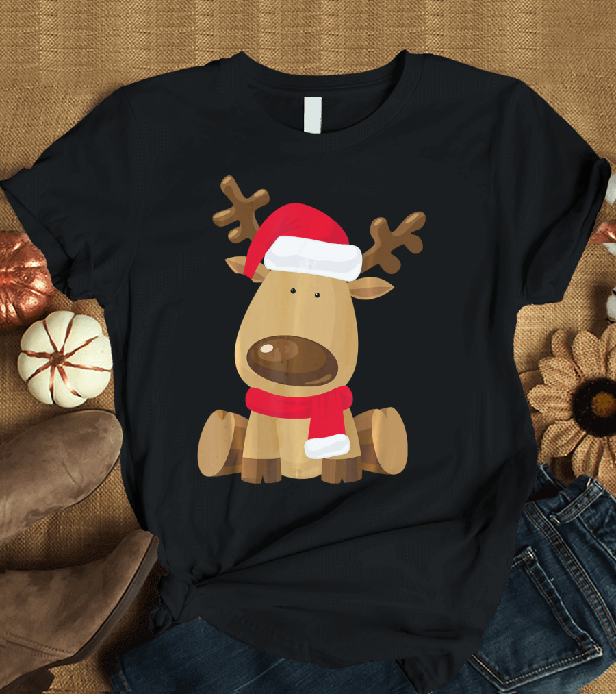 Adorable Festive Reindeer with Santa Hat and Scarf T-Shirt
