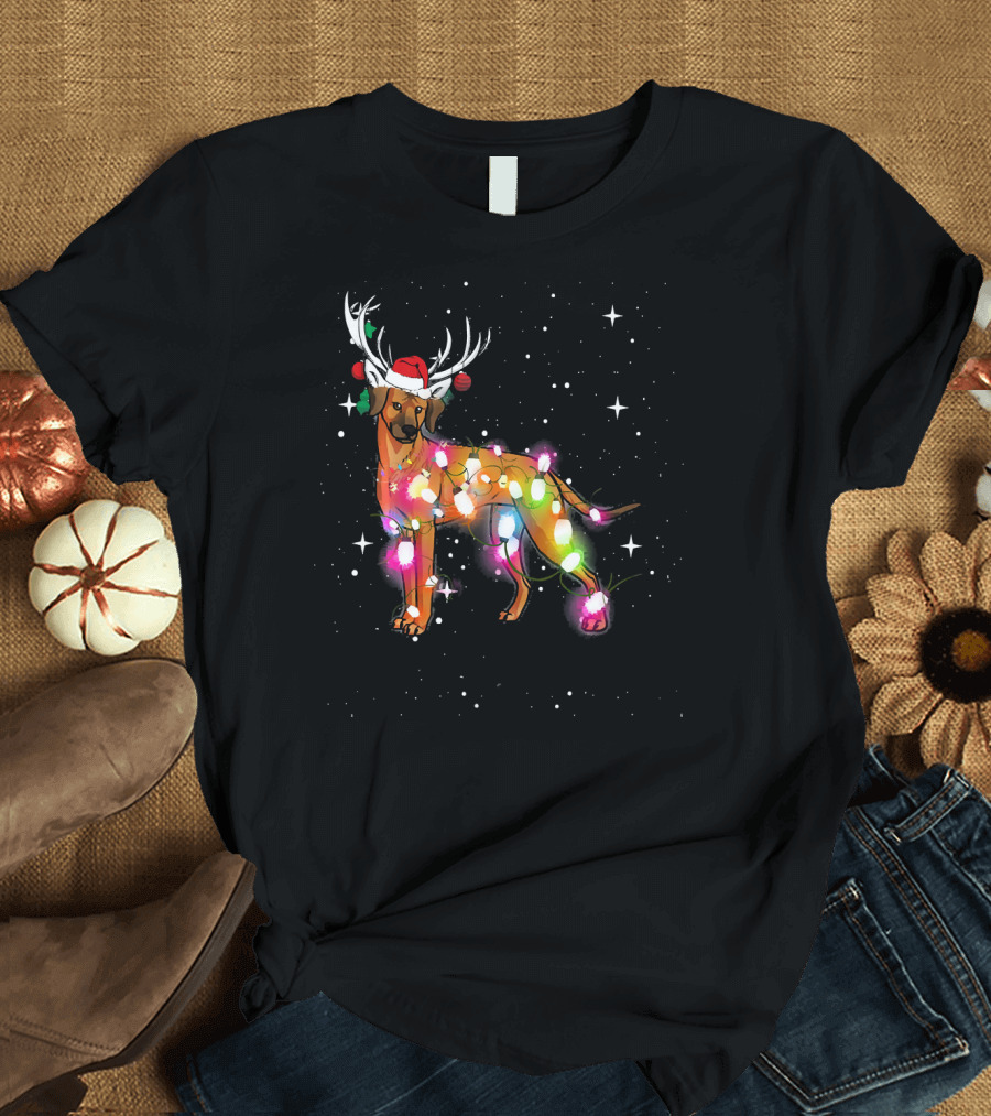 Christmas Lights Rhodesian Ridgeback Dog with Antlers Santa Hat T-Shirt