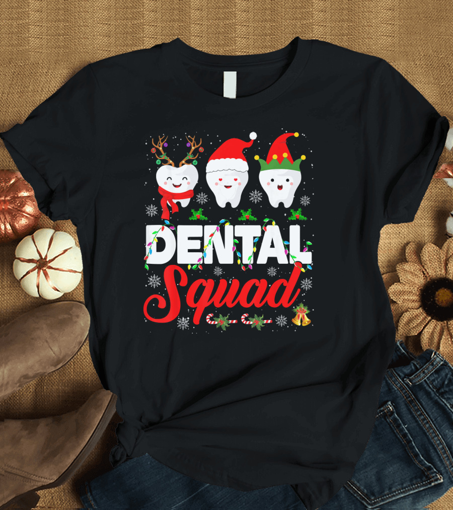 Dental Squad Funny Hygienist Dentist Love Christmas Themed Tooth Characters T-Shirt