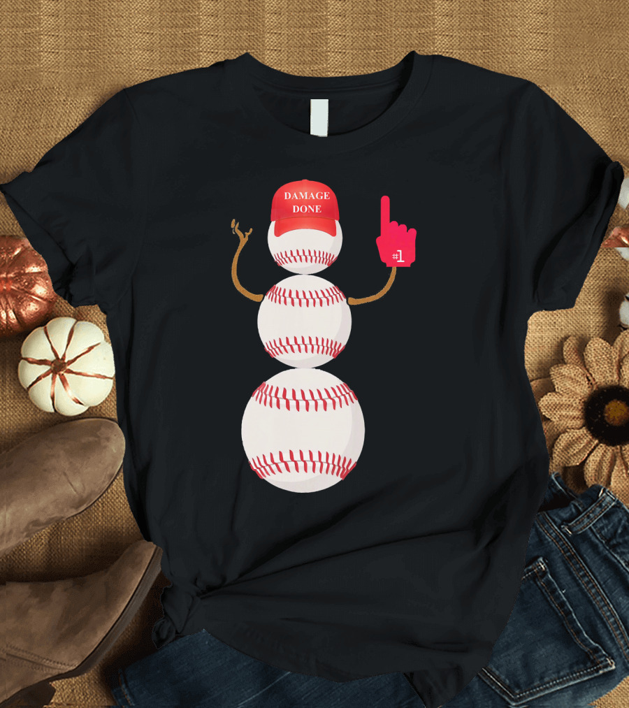 Damage Done Baseball Snowman with Red Cap and Foam Finger T-Shirt