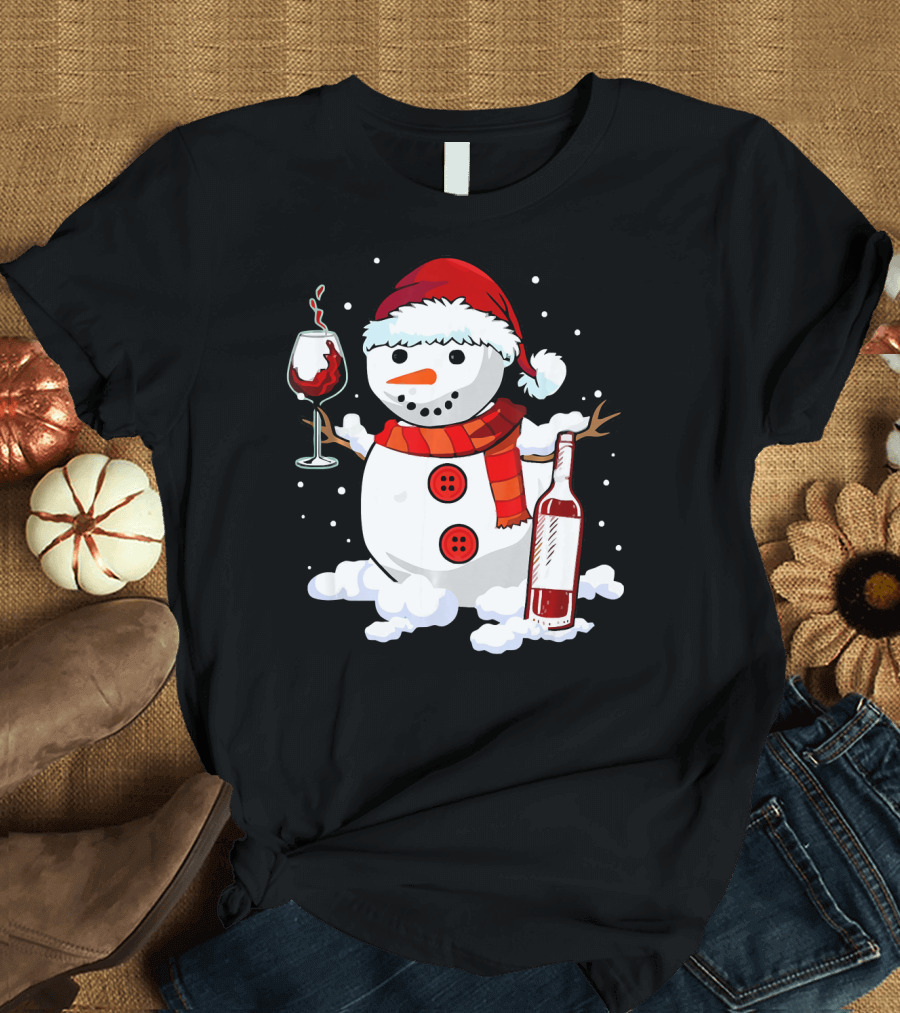 Snowman with Santa Hat and Scarf Holding Wine Glass and Bottle Christmas Drinking T-Shirt