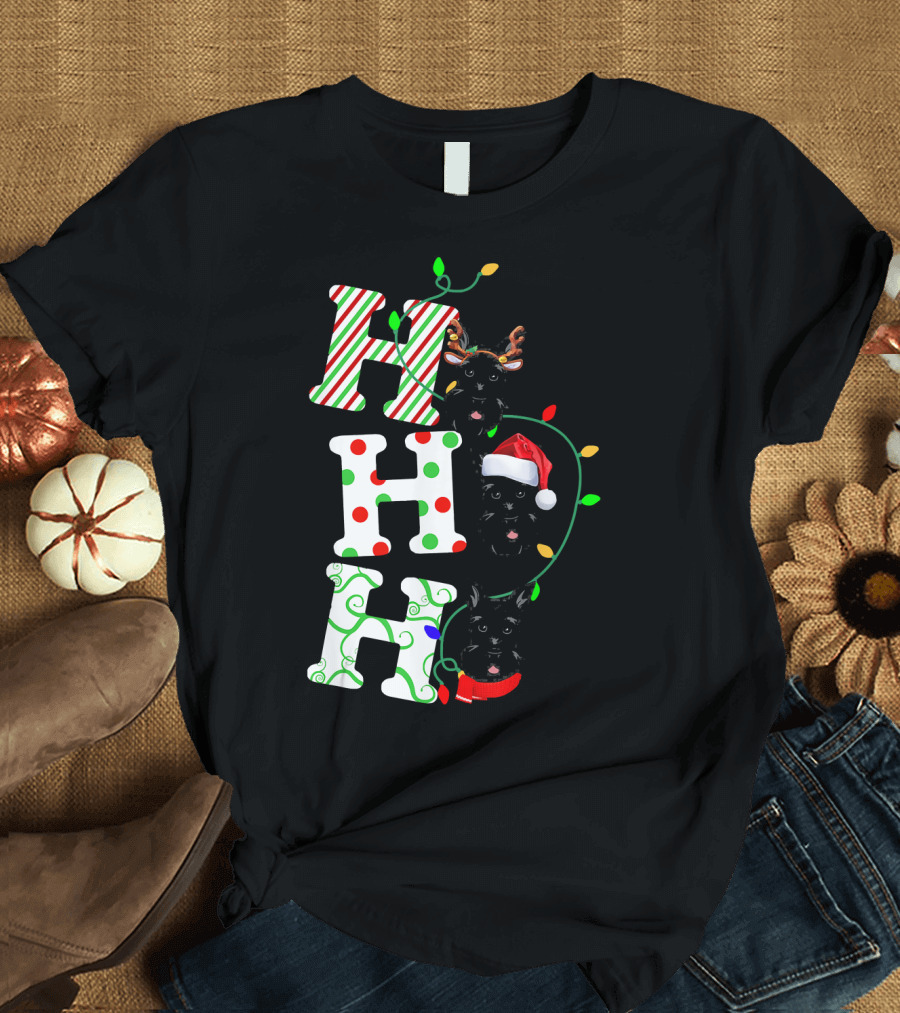 Scottish Terrier Ho Ho Ho Christmas Lights Santa Hat and Antlers T-Shirt
