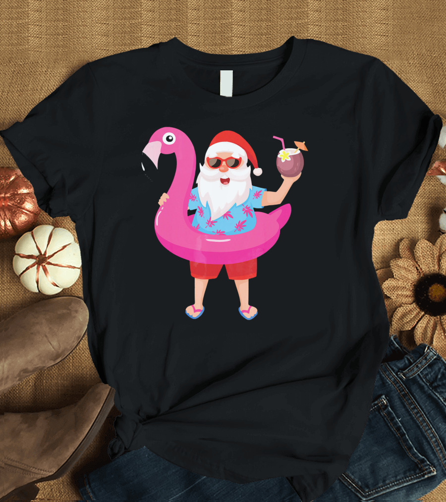 Funny Santa Claus with Flamingo and Tropical Drink T-Shirt