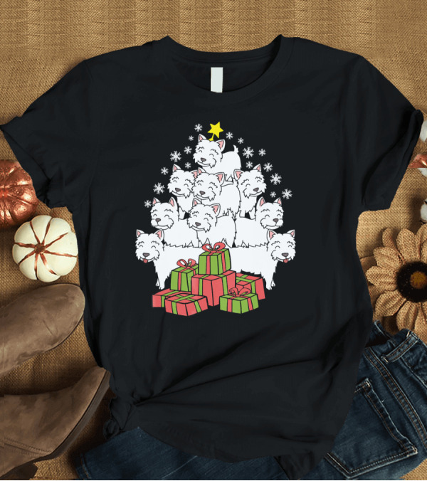T-Shirt: Westie Christmas Tree With Presents and Snowflakes T-Shirt Westie Christmas Tree With Presents and Snowflakes T-Shirt
