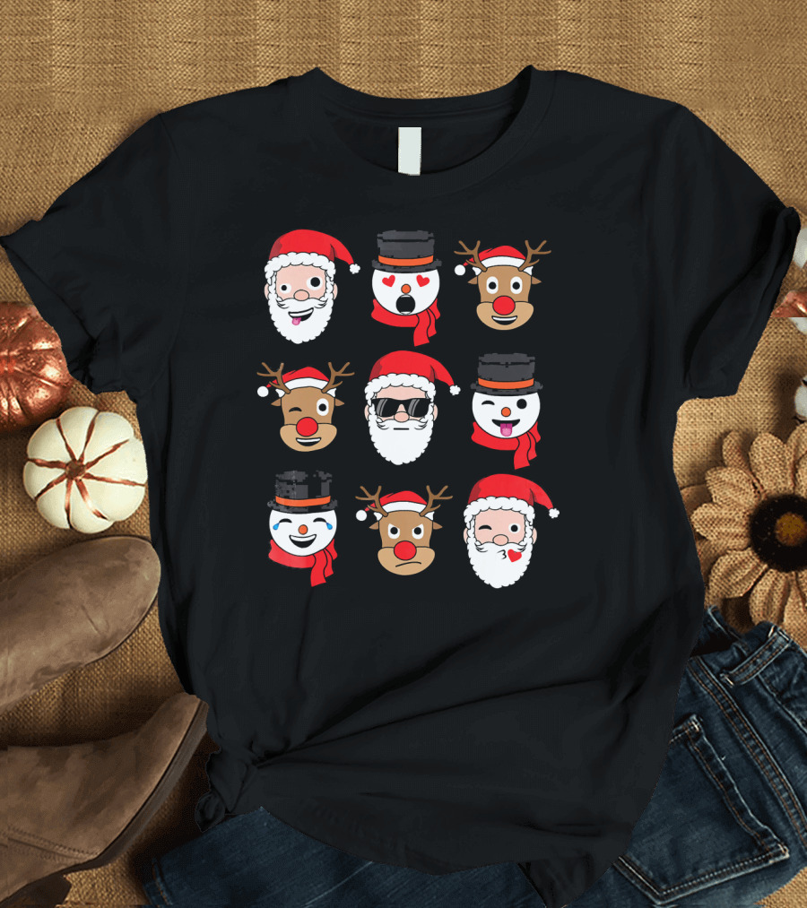 Santa Claus Emoji Faces with Reindeer and Snowman Expressions T-Shirt