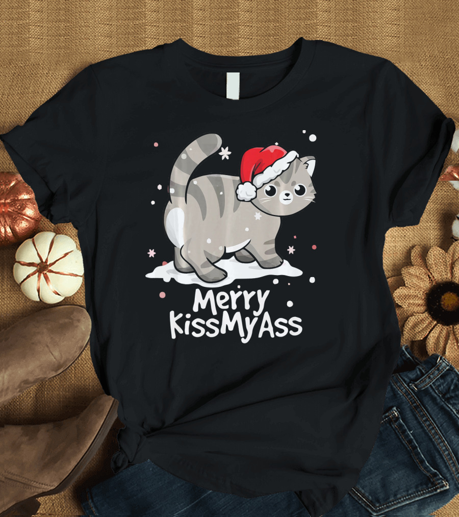 Merry KissMyAss Cat with Santa Hat in Snowflakes T-Shirt
