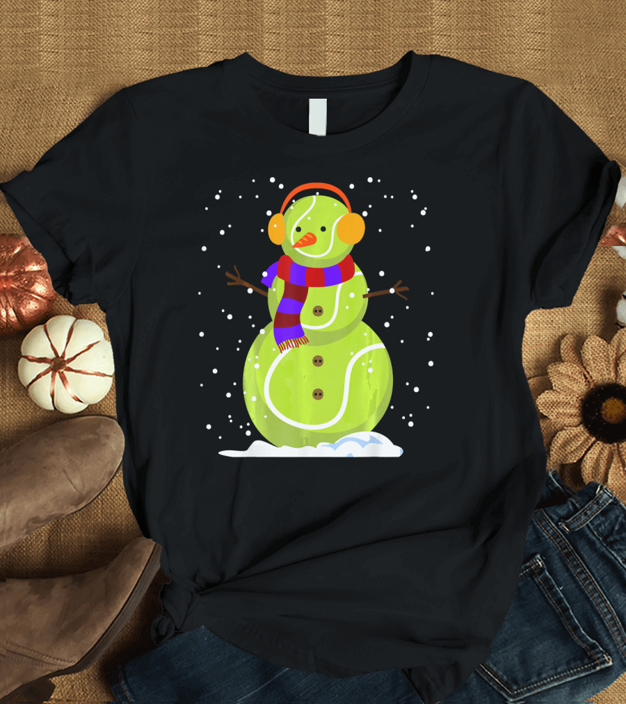 Dabbing Tennis Ball Snowman with Scarf and Earmuffs T-Shirt