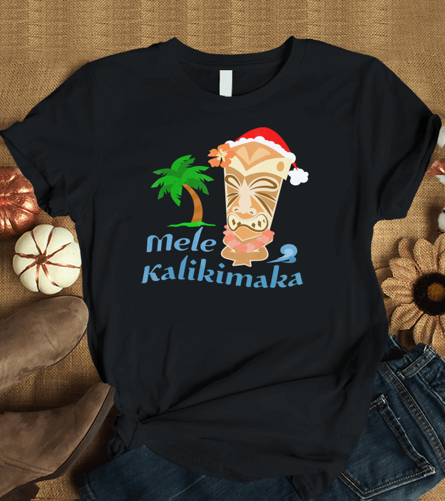 Mele Kalikimaka Hawaiian Christmas Tiki with Palm Tree and Santa Hat T-Shirt