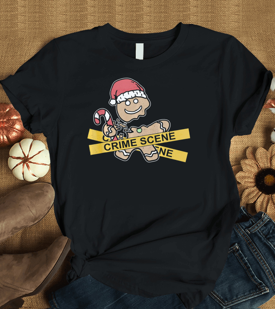 Gingerbread Cookie Crime Scene Santa Hat Candy Cane Christmas T-Shirt