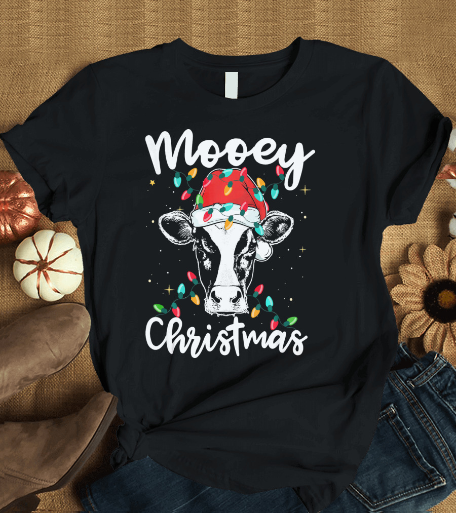 Mooey Christmas Cow with Santa Hat and Christmas Lights T-Shirt