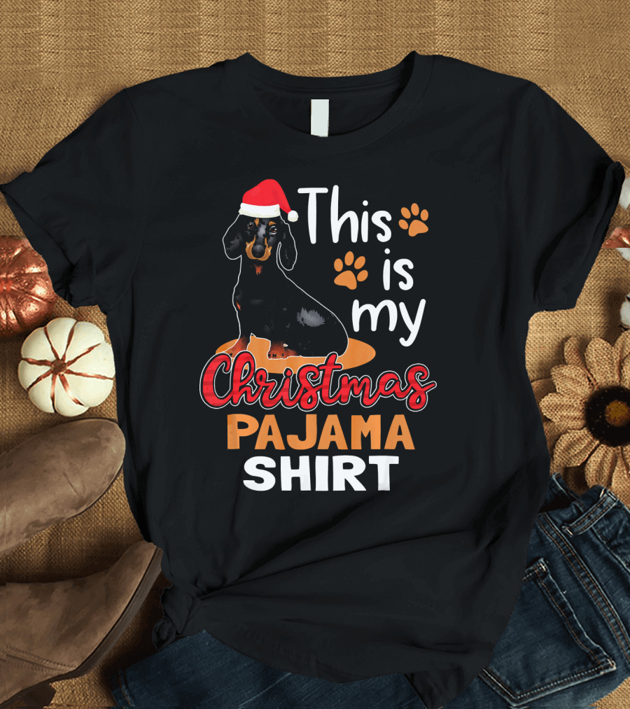 This Is My Christmas Pajama Shirt Dachshund Santa Hat Paw Prints T-Shirt