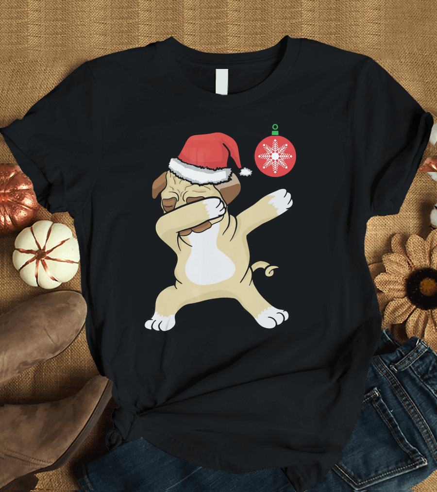 Christmas Pug Dabbing with Santa Hat and Red T-Shirt