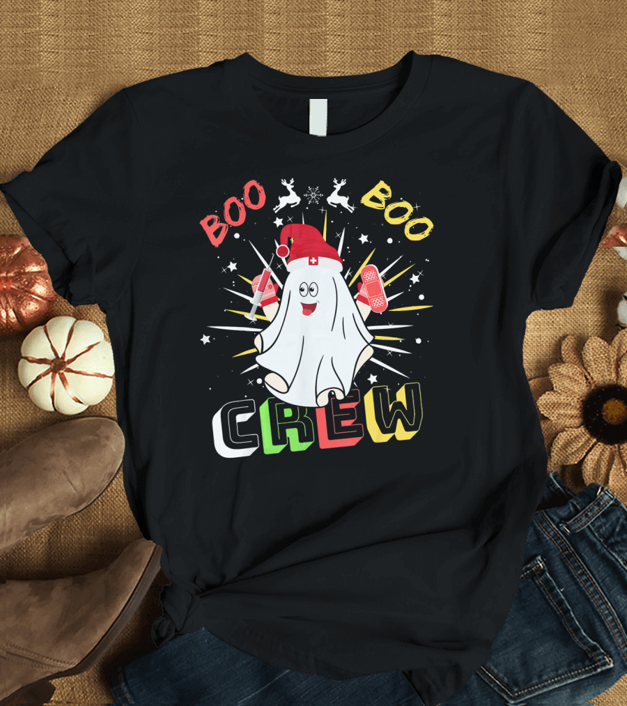 Boo Boo Crew Christmas Nurse Ghost with Bandages and Reindeer T-Shirt