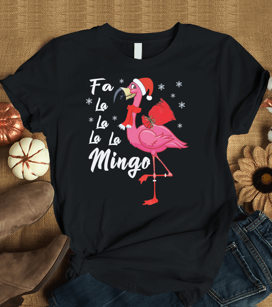 Fa La La La La Mingo Flamingo Santa Hat Snowflakes T-Shirt