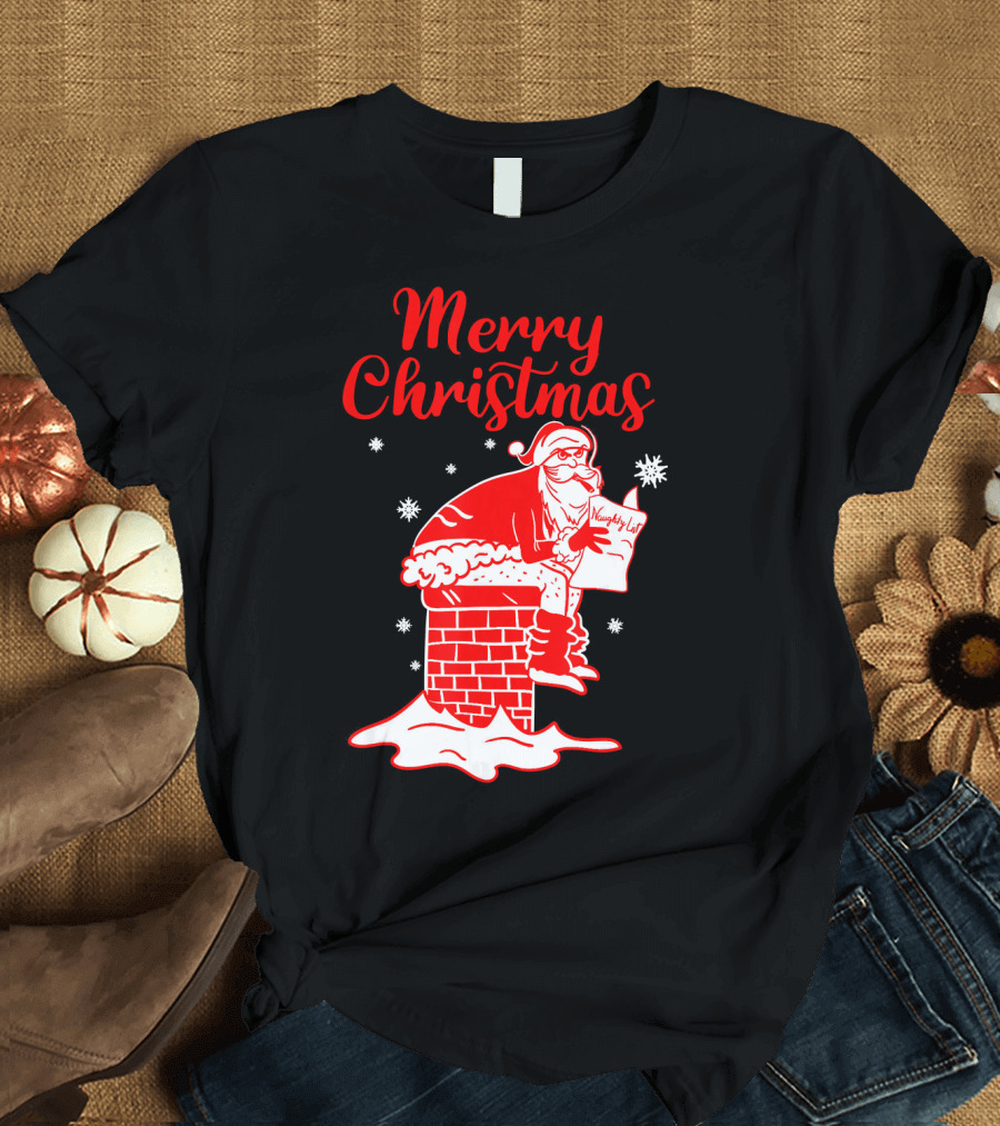 Merry Christmas Santa Pooping Naughty List Snowflakes Chimney T-Shirt