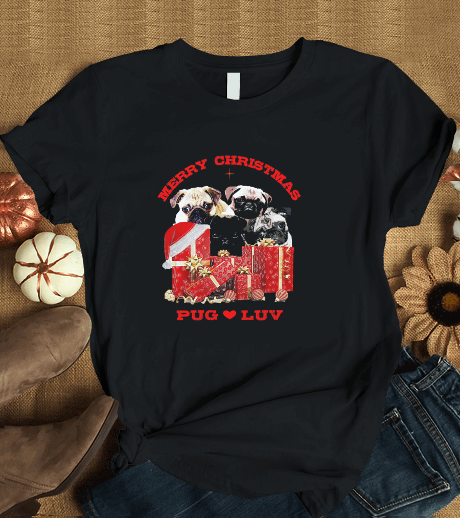 Merry Christmas Pug Luv with Pug Dogs and Gifts T-Shirt