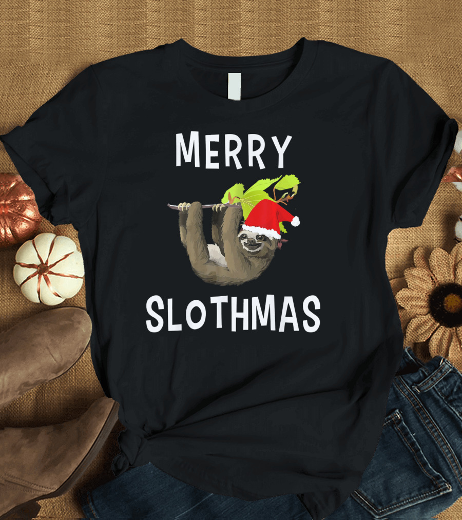 Merry Slothmas Hanging Sloth in Santa Hat with Leaves T-Shirt
