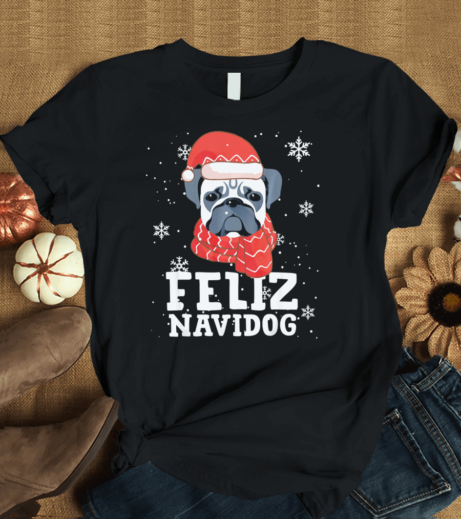 Feliz Navidog Pug Dog with Santa Hat and Scarf Snowflakes T-Shirt