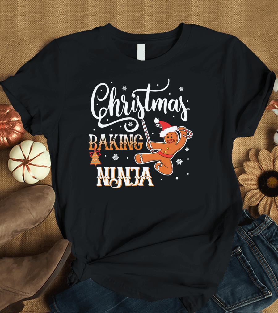 Christmas Baking Ninja Gingerbread with Santa Hat and Candy Cane T-Shirt