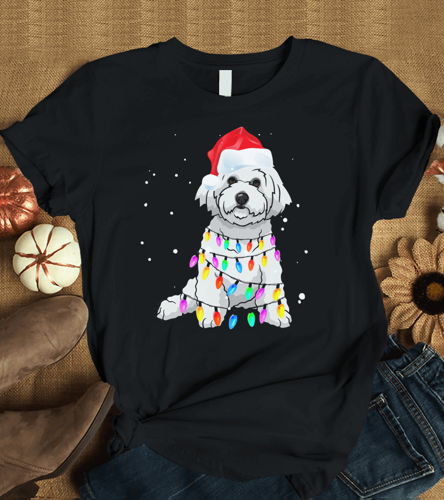 Bichon Frise with Christmas Lights and Santa Hat T-Shirt