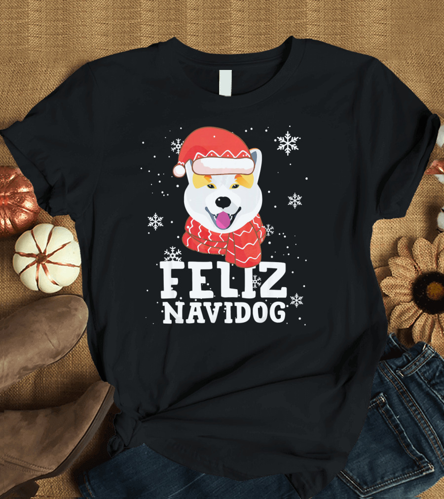 Feliz Navidog Shiba Inu Santa Hat Snowflakes T-Shirt