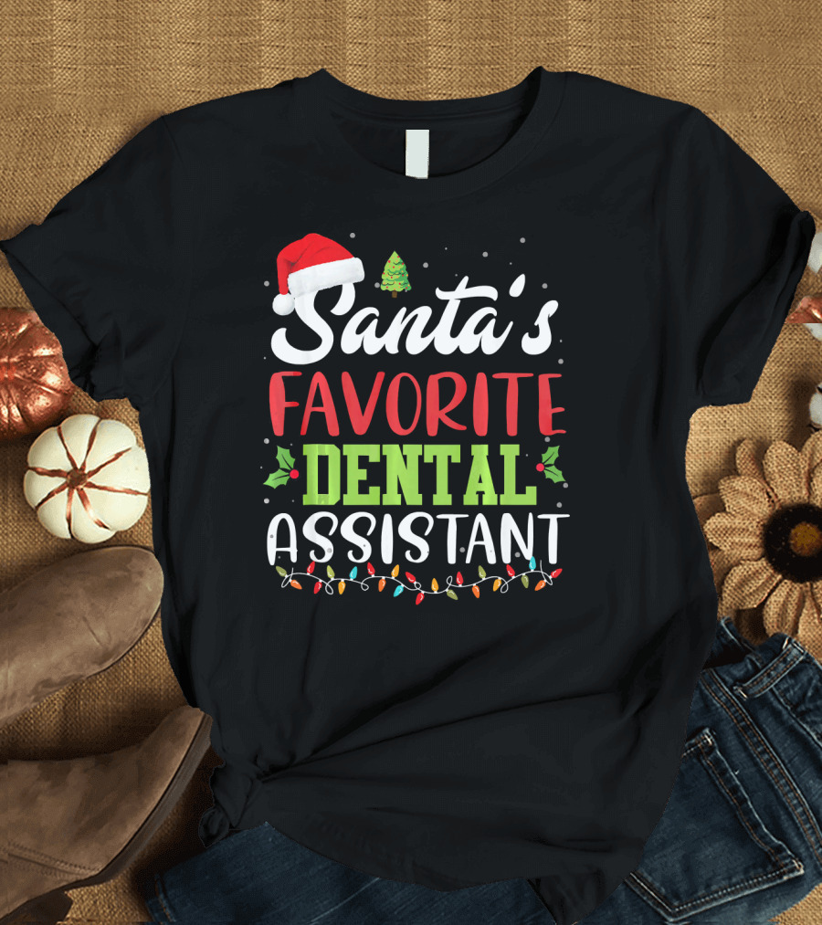 Santa's Favorite Dental Assistant Christmas Lights Santa Hat Tree T-Shirt