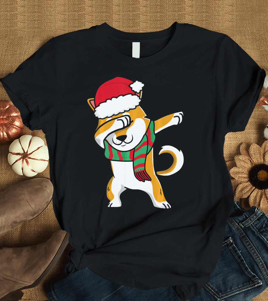 Dabbing Shiba Dog Christmas Santa Hat Scarf T-Shirt