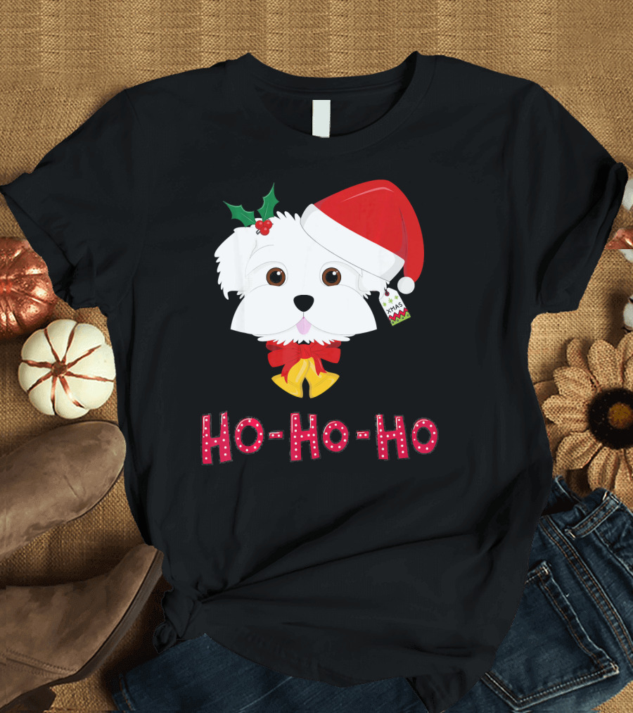 Maltese Dog in Santa Hat with Holly and Ho-Ho-Ho Text T-Shirt