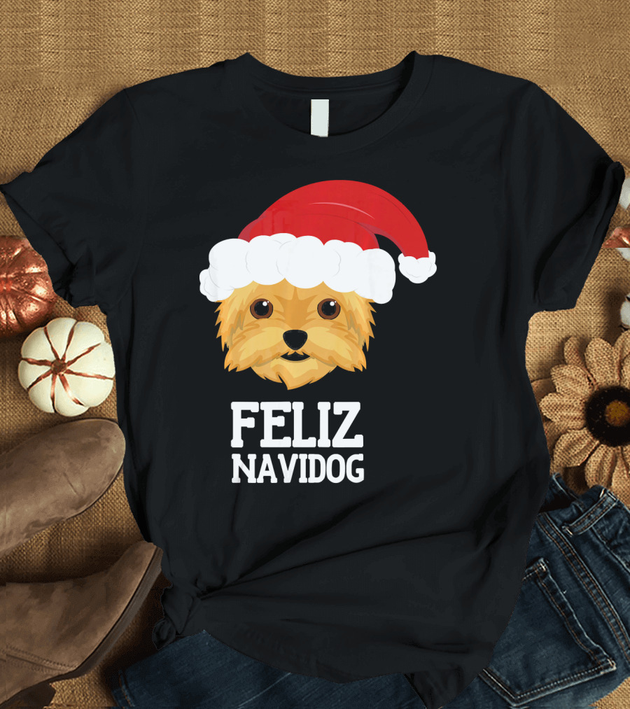 Feliz Navidog Merry Christmas Yorksh Dog Santa Hat T-Shirt