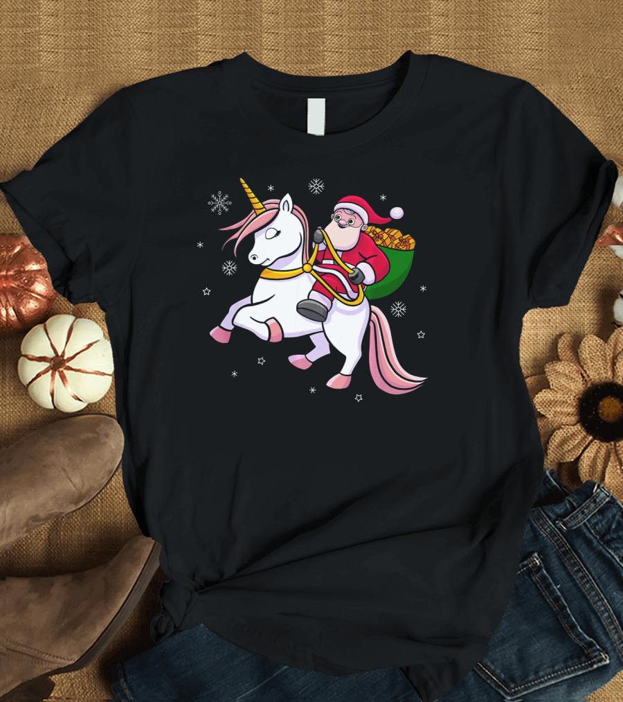 Santa Riding Unicorn with Presents for Cute Girls T-Shirt