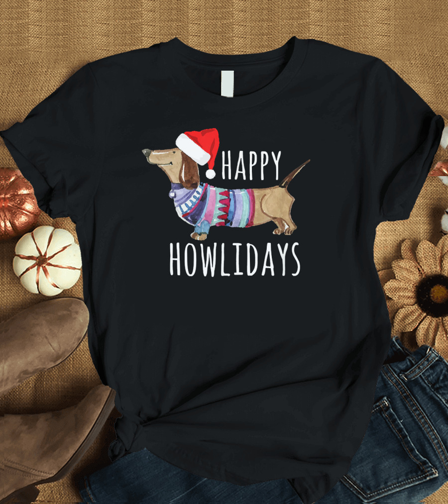 Happy Howlidays Christmas Dog Dachshund Wearing Santa Hat T-Shirt