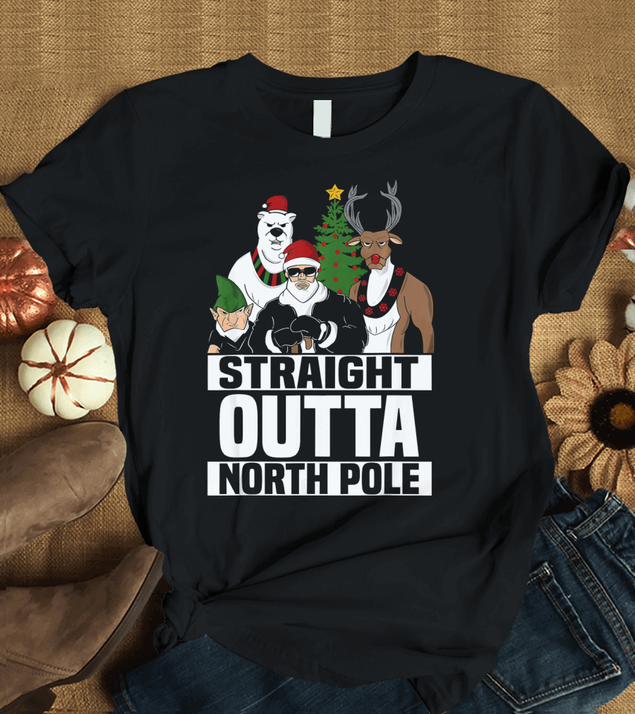 Straight Outta North Pole Christmas Characters Polar Bear Elf Reindeer T-Shirt