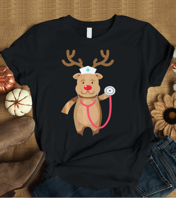 T-Shirt: Nurse Reindeer with Stethoscope and Hat T-Shirt Nurse Reindeer with Stethoscope and Hat T-Shirt