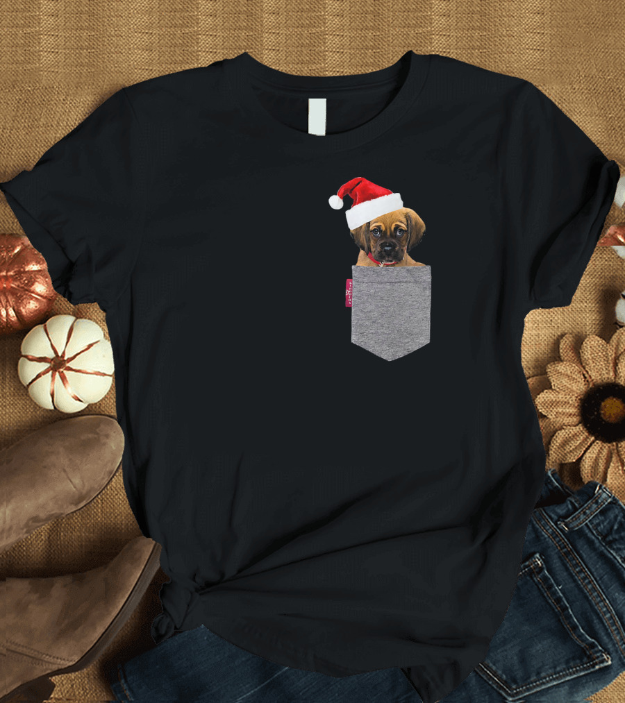 Puggle Puppy with Santa Hat in Gray Pocket Cute Beagle Pug T-Shirt