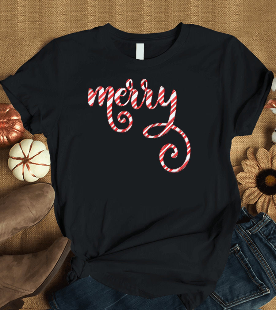 Merry Christmas Script Candy Cane Stripes T-Shirt