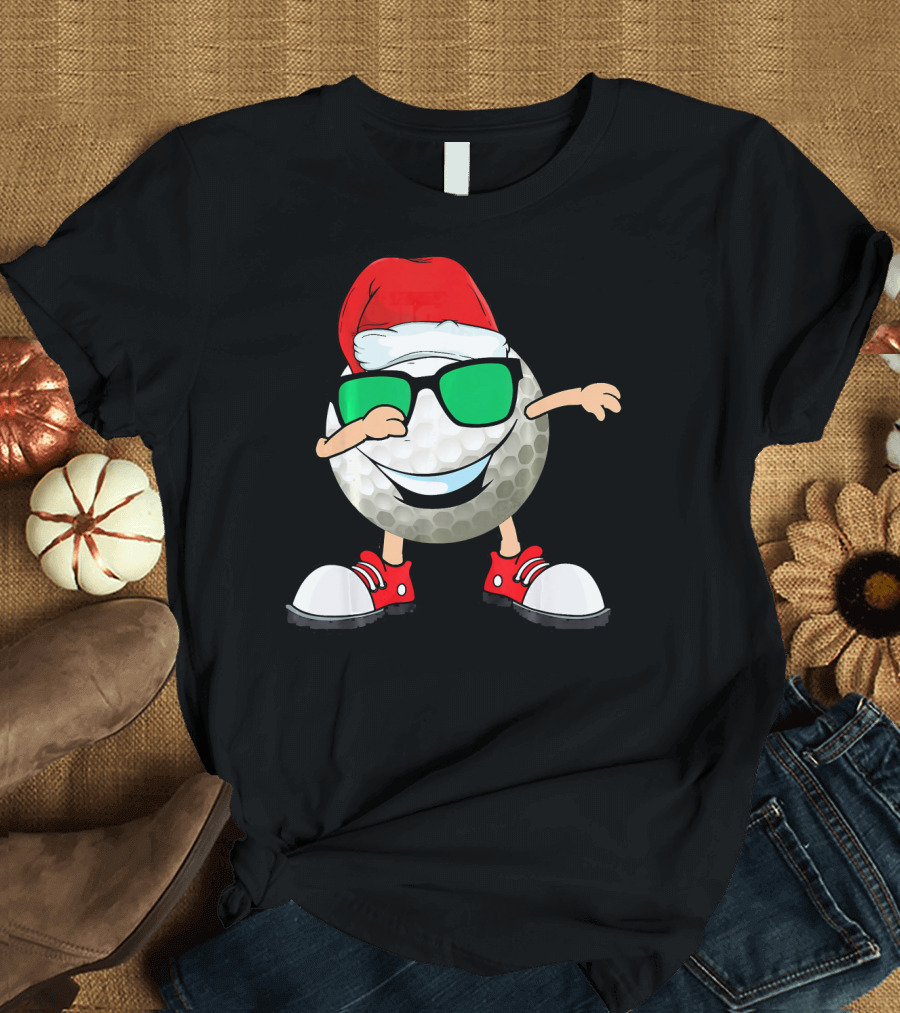 Dabbing Golf Ball with Santa Hat and Sunglasses T-Shirt