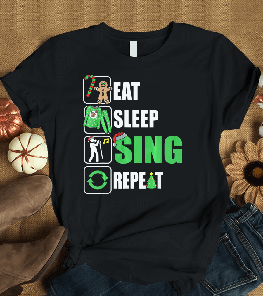 Eat Sleep Sing Repeat Christmas Sweater Singer Candy Cane Gingerbread Music Tree T-Shirt
