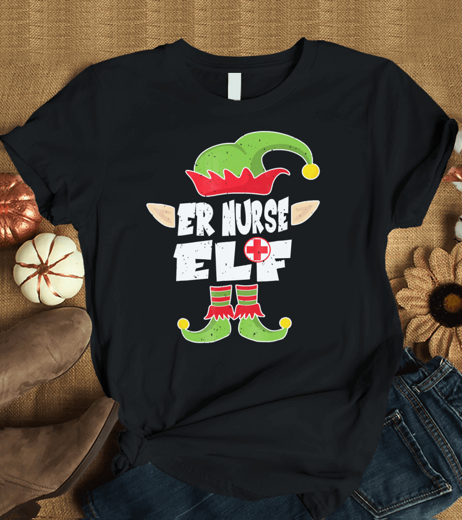 ER Nurse Elf Emergency Squad Christmas Hat and Shoes T-Shirt