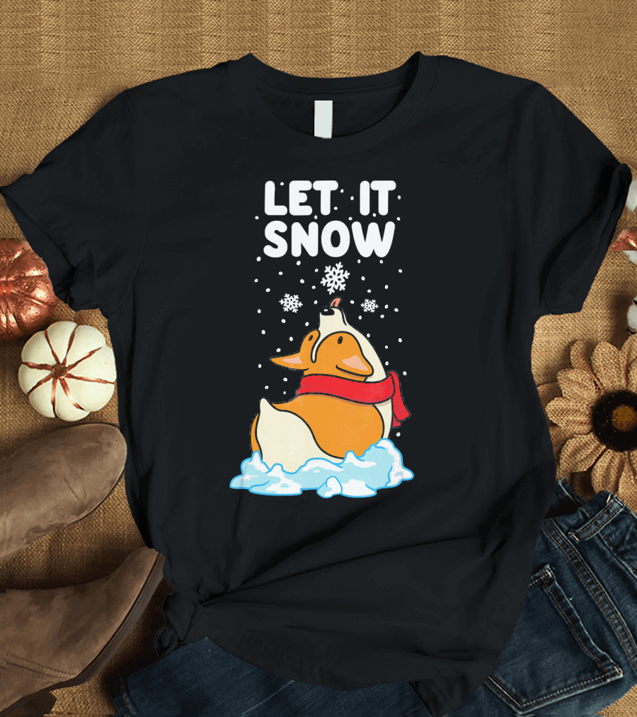 Let It Snow Corgi with Red Scarf in Snowfall T-Shirt