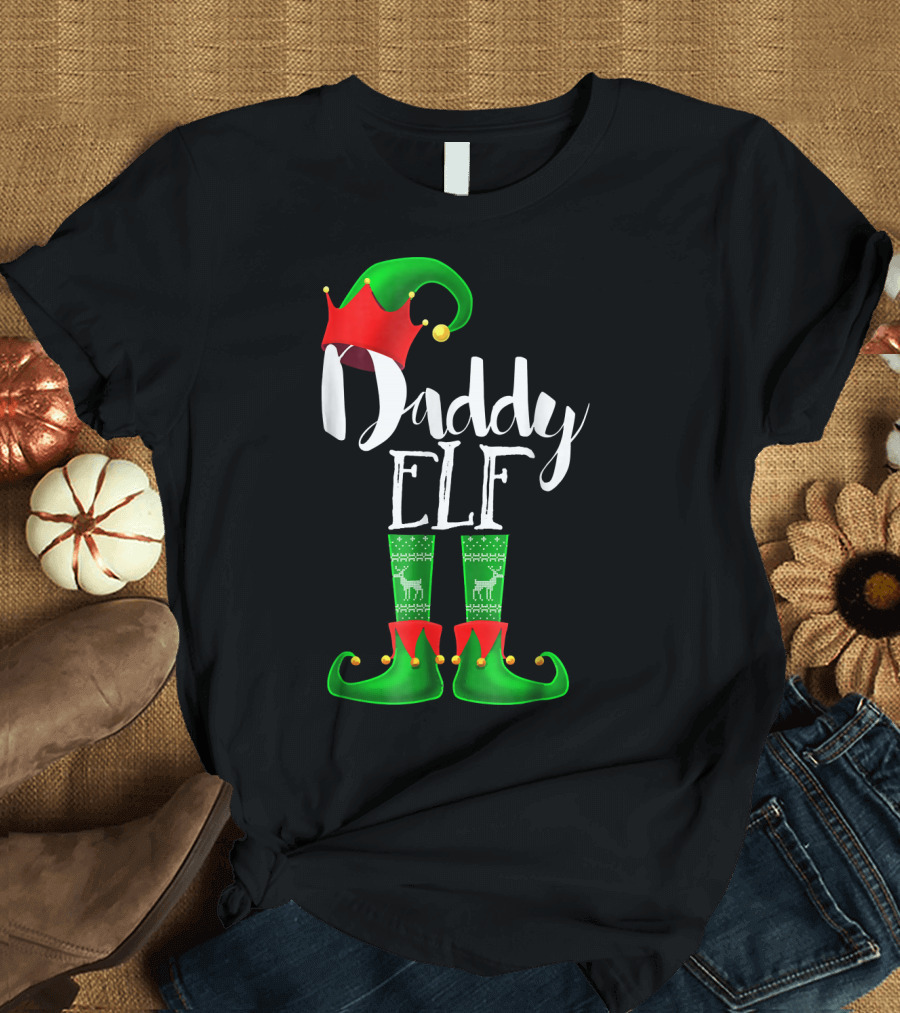 Daddy Elf Christmas Hat and Boots with Festive Green Socks T-Shirt