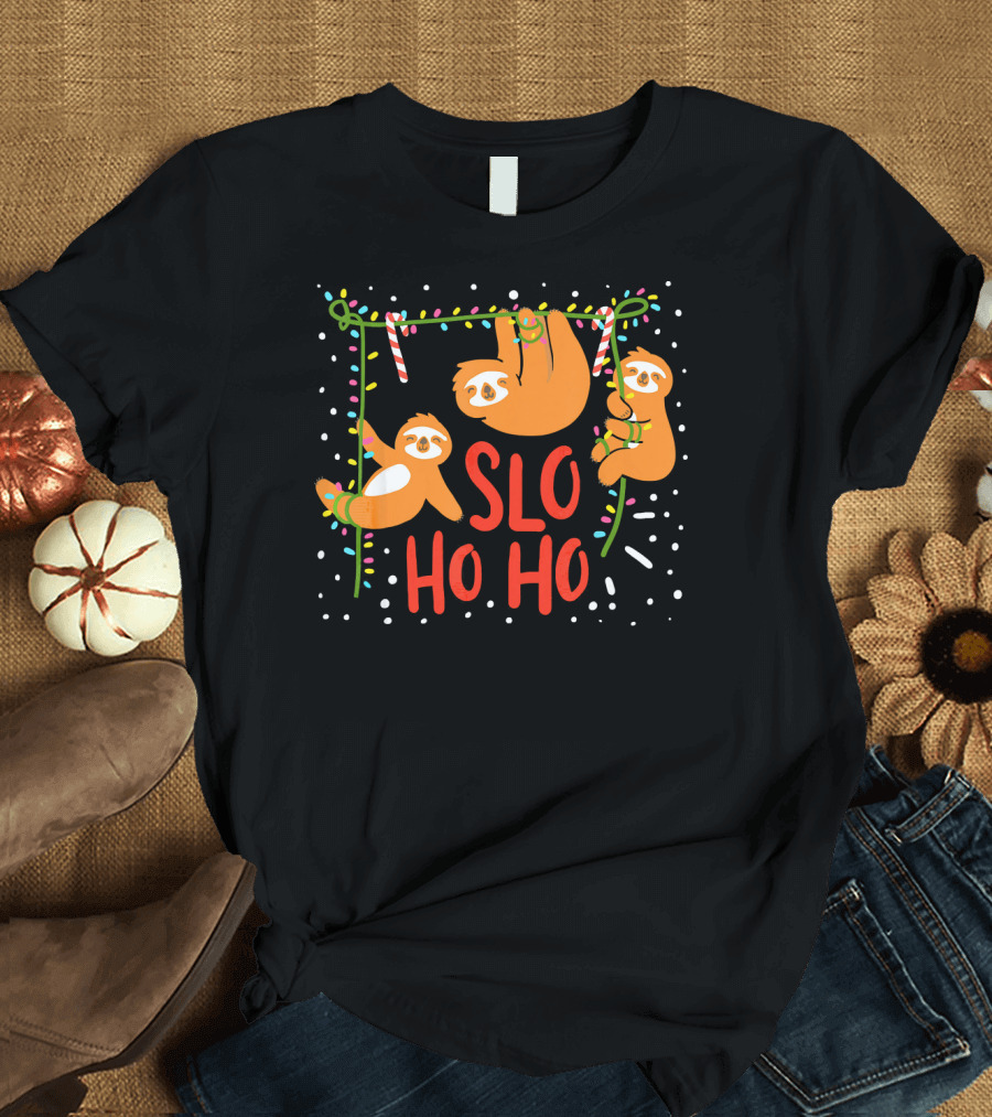 Slo Ho Ho Ho Christmas Sloth Hanging with Candy Cane and Lights T-Shirt
