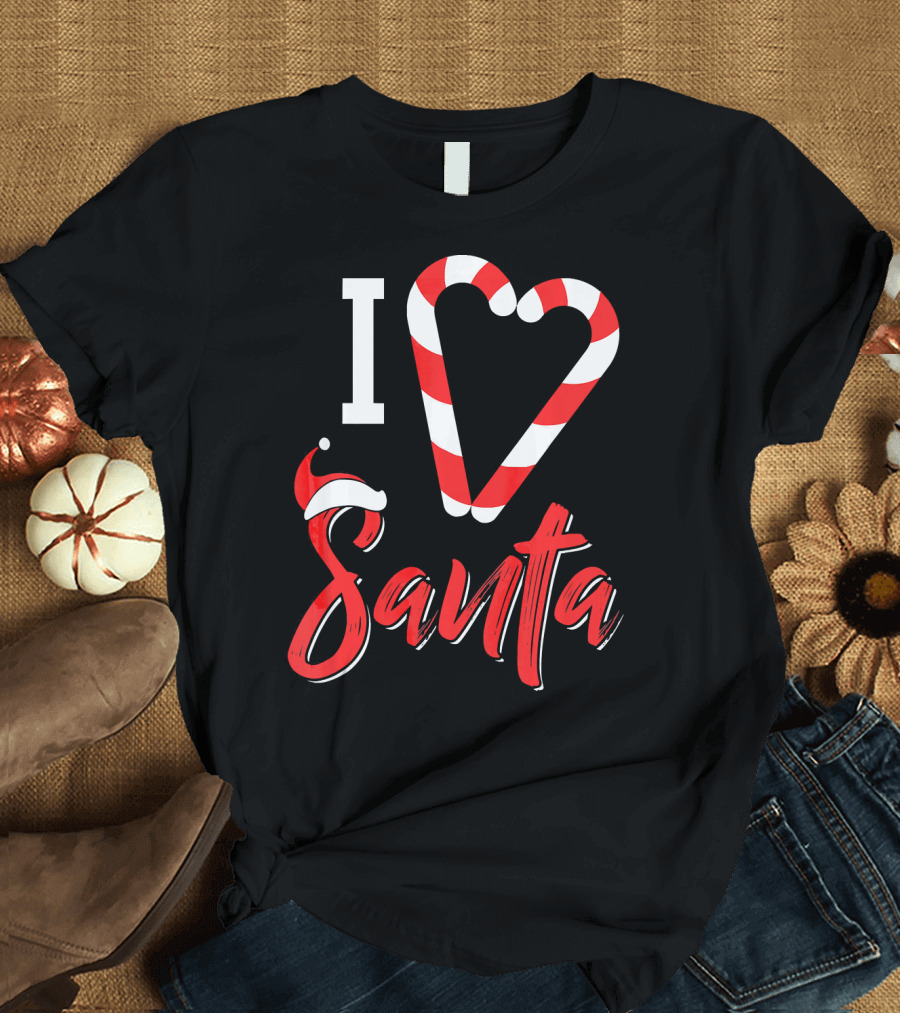 Christmas I Love Santa Candy Cane Heart with Santa Hat T-Shirt