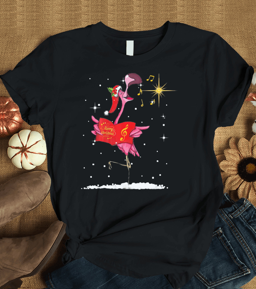 Funny Flamingo Sings Merry Christmas Song with Musical Notes and Santa Hat T-Shirt