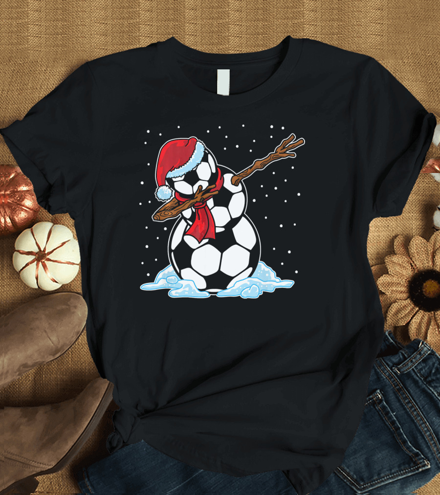 Santa Hat Soccer Ball Snowman with Red Scarf Dabbing in Snowflakes T-Shirt